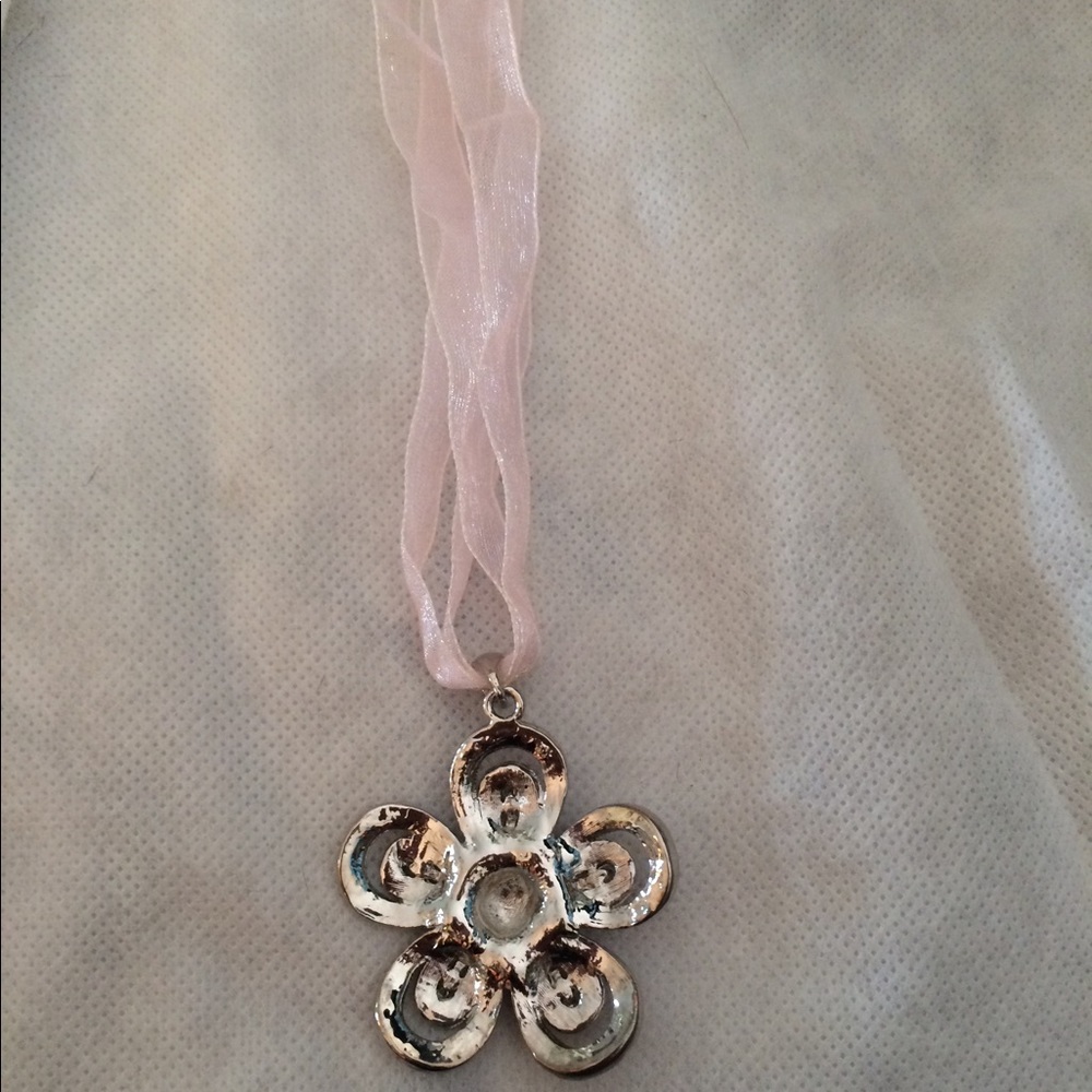 Pink Rhinestone Silver Flower Ribbon Necklace - Picture 2 of 5